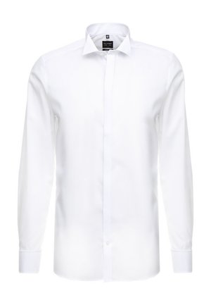 Weißes Hemd mit langem Arm aus glatter Baumwolle. Verfügt über einen spitzen Kragen, eine vertikale Knopfleiste und Standardmanschetten mit Knopfakzenten.