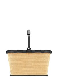 Panier de forme rectangulaire, en paille naturelle avec une surface texturée, doté d'une poignée en plastique noir et d'accents.