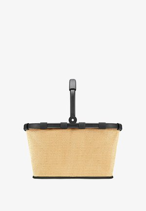 Panier de forme rectangulaire, en paille naturelle avec une surface texturée, doté d'une poignée en plastique noir et d'accents.