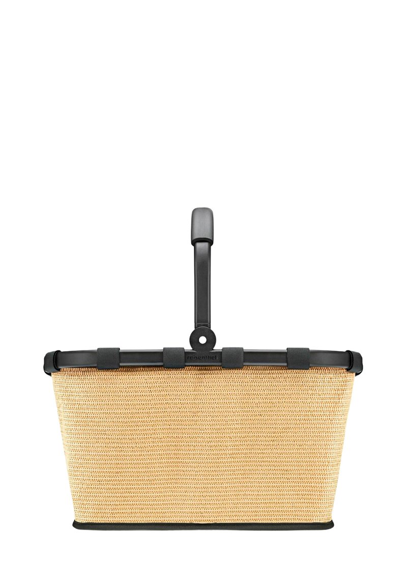 Panier de forme rectangulaire, en paille naturelle avec une surface texturée, doté d'une poignée en plastique noir et d'accents.