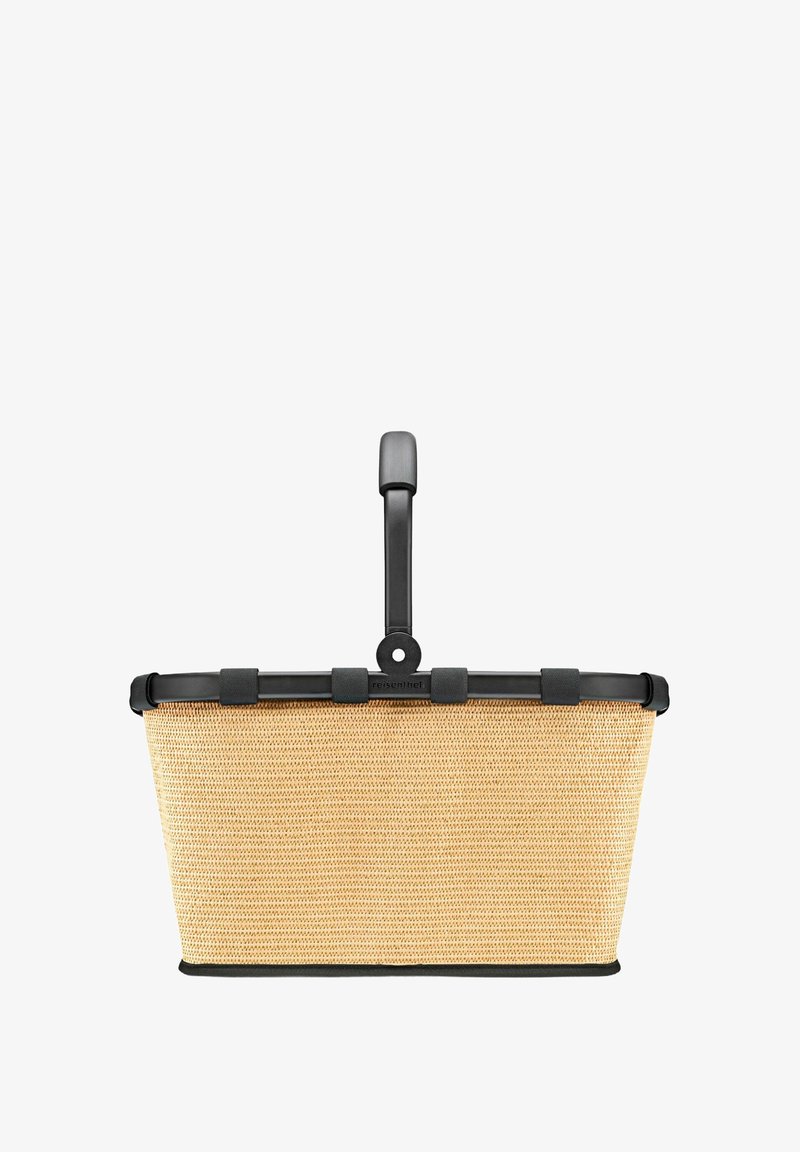 Panier de forme rectangulaire, en paille naturelle avec une surface texturée, doté d'une poignée en plastique noir et d'accents.