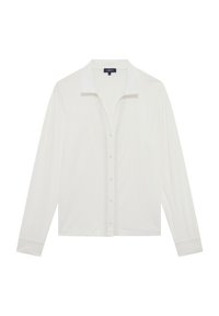 Witte blouse met lange mouwen en kraag, voorzien van een knopenrij aan de voorkant en kantdetails langs de sluiting. Zachte stof met een gladde textuur.