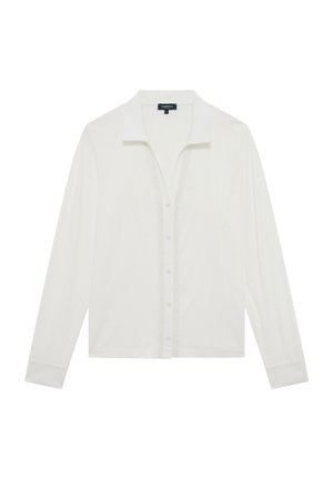 Weiße langärmlige Bluse mit Kragen, die über eine Knopfleiste und Spitze entlang der vorderen Leiste verfügt. Weicher Stoff mit glatter Textur.