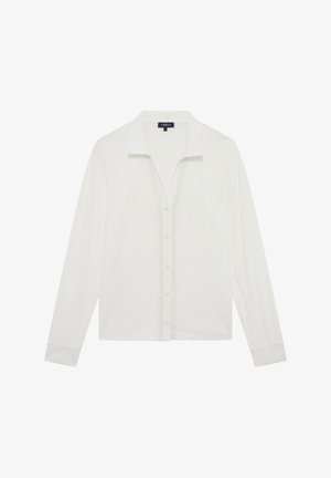 Weiße langärmlige Bluse mit Kragen, die über eine Knopfleiste und Spitze entlang der vorderen Leiste verfügt. Weicher Stoff mit glatter Textur.