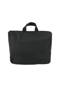 Zwarte rechthoekige tas van gestructureerde stof met een handvat bovenop. Eenvoudig ontwerp, zonder zichtbare accenten of versieringen.