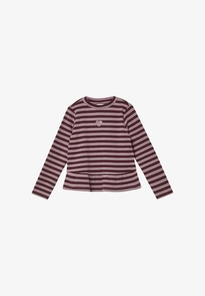 Langärmliges Oberteil, gestreift in Bordeauxrot und Hellrosa, Rippstruktur, runder Ausschnitt, mit einer kleinen Herzapplikation, Godet-Saum.
