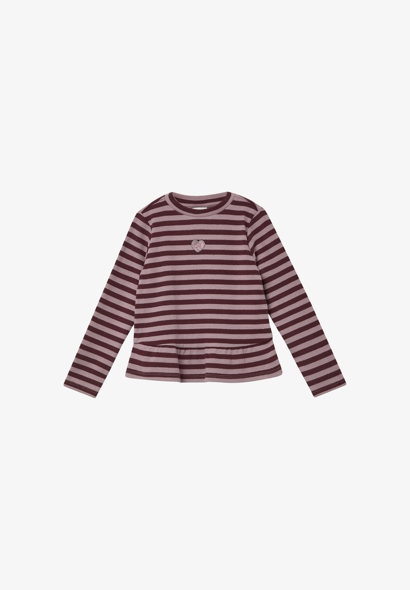 Dolgi rokav top, po meri v maroon in svetlo roza, rebrasta tekstura, okrogla izrez, z manjšim aplikacijo v obliki srca, peplumski rob.