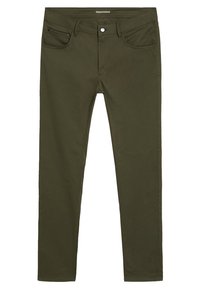 Olivi vihreät skinny-farkut, joissa on vetoketjuhalkaisija, viisi taskua, ommeltu yksityiskohtia ja sileä pinta, valmistettu puuvillasekoitteisesta kankaasta.