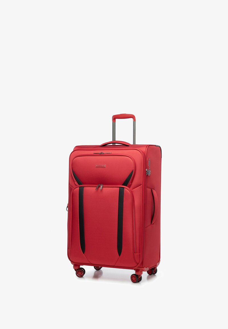 Rode rolkoffer met een textuurafwerking, zwarte accenten, dubbele ritszakken en vier wielen voor mobiliteit. Uittrekbare handgreep aan de bovenkant.