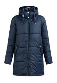 Donkerblauwe gewatteerde jas met een capuchon, voorzien van een rits aan de voorkant, twee zijzakken en een trekkoordaccent met metalen details.