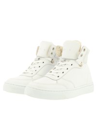Weiße High-Top-Sneaker aus glattem Leder, mit einem weichen Kunstfellfutter, Schnürung vorne und Druckknopfakzenten am Kragen.