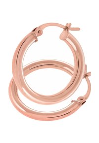 Kolczyki koła z różowego złota o gładkim, zaokrąglonym designie. Posiadają prosty zamek i polerowane wykończenie. Rozmiar: średni, lekkie.