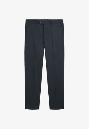 Dunkelblaue Hosen aus glattem Stoff, mit einem maßgeschneiderten Schnitt, geraden Beinen, Vordertaschen und einem einzelnen Knopfverschluss.