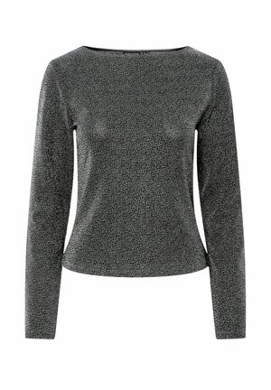 Top a maniche lunghe in tessuto nero strutturato con design aderente, caratterizzato da una scollatura ampia e finitura liscia.