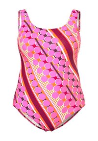 Endelad baddräkt med prickmönster i rosa, orange och lila. Har breda axelremmar och en åtsittande bodice för komfort och täckning.