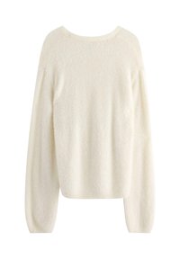 Pull doux de couleur crème avec de longues manches légèrement bouffantes et un col rond. Sa texture en tissu duveteux offre chaleur et confort.