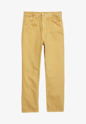Pantalon en coton jaune avec une coupe droite, doté de poches avant, d'une fermeture à bouton et d'une texture subtile. Design classique à cinq poches.