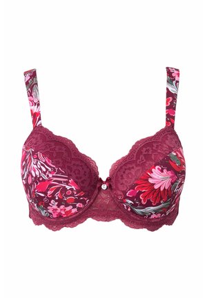 Sujetador con estampado de rosas en tonos de rojo oscuro y rosa, con encaje en los bordes, soporte con aros y detalle decorativo de botón en el centro.