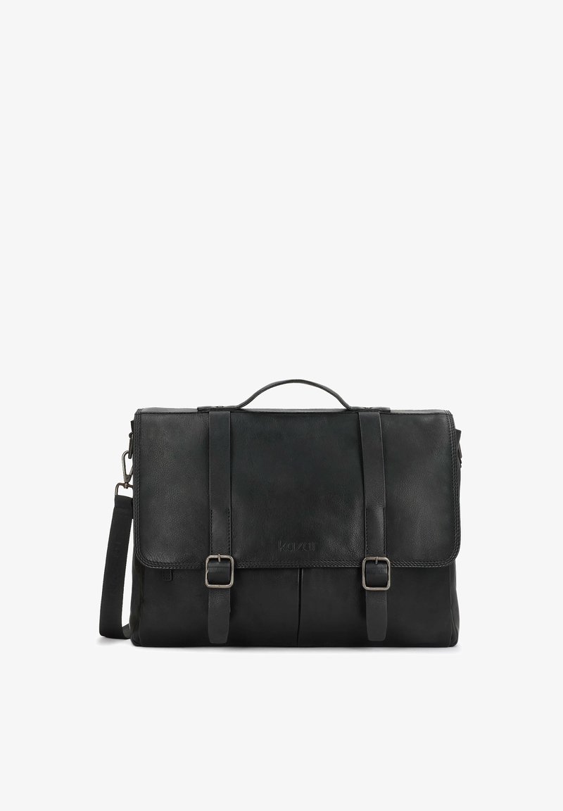 Sort læder messenger taske med to forreste remme og metalliske spænder, et topgreb og en justerbar skulderrem. Glat tekstur.