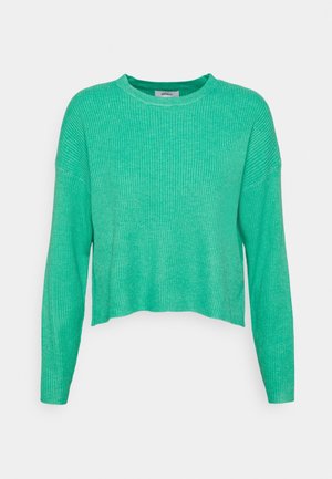 Groene geribbelde cropped trui met lange mouwen, ronde hals en ontspannen pasvorm, getoond op een witte achtergrond.