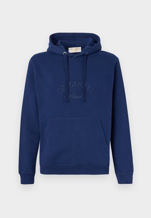 Marineblaue Kapuzenjacke aus weichem Stoff, mit einer Kängurutasche, verstellbarem Kapuzenzug und erhabener Aufschrift "ORIGINALS" auf der Brust.
