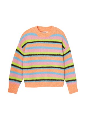 Pull rayé coloré avec des rayures orange, rose, bleues, vertes et noires. Tissu doux et texturé avec un col rond et des manches longues.