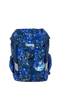 Dunkelblauer Rucksack mit einem Blasenmuster, ausgestattet mit einem Clipverschluss und Seitentaschen. Beinhaltet ein kreisförmiges Delfin-Design auf der Vorderseite.