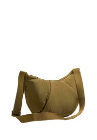 Borsa a spalla marrone, imbottita, con forma curva e tracolla regolabile. Chiusura con zip nella parte superiore e superficie in tessuto texturizzato.