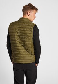 Gilet trapuntato verde oliva con colletto alto, caratterizzato da una superficie esterna liscia e morbida e da una silhouette aderente. La vista posteriore mostra i dettagli delle spalle.