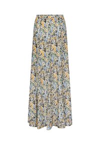 Jupe maxi fleurie en tissu léger ; présente un motif multicolore avec des tons de bleu, jaune, vert et gris ; taille élastique ; longueur totale.
