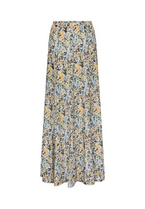 Bloemrijke maxi-jurk in lichte stof; heeft een meerkleurig patroon met blauwe, gele, groene en grijze tinten; elastische tailleband; volledige lengte.