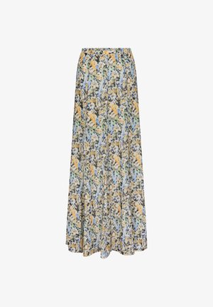 Bloemrijke maxi-jurk in lichte stof; heeft een meerkleurig patroon met blauwe, gele, groene en grijze tinten; elastische tailleband; volledige lengte.