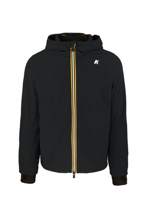 Svart jakke med hette, med en gul og hvit glidelås, elastiske mansjetter og en logo på brystet. Glatt stofftekstur, athletic fit.