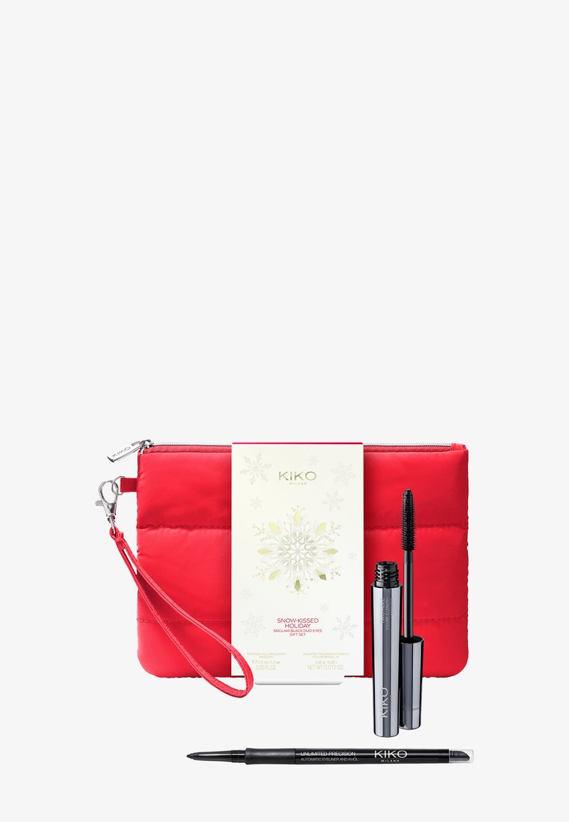 Rød polstret kosmetikkpung med glidelås, en gaveeske med snøflakemønster, svart mascara og en eyeliner-pen.