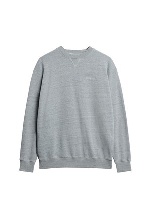 Grijze sweatshirt gemaakt van een gestructureerde stof. Heeft een ronde hals, geribde manchetten en een subtiele "Superdry"-logo op de borst.