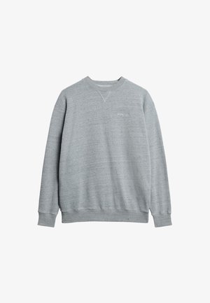 Grijze sweatshirt gemaakt van een gestructureerde stof. Heeft een ronde hals, geribde manchetten en een subtiele "Superdry"-logo op de borst.