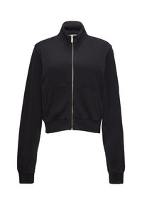 Czarna krótką kurtkę zapinaną na zamek, z wysokim kołnierzem, dwoma przednimi kieszeniami i ściągaczami na mankietach. Wykonaną z miękkiego materiału bawełnianego.