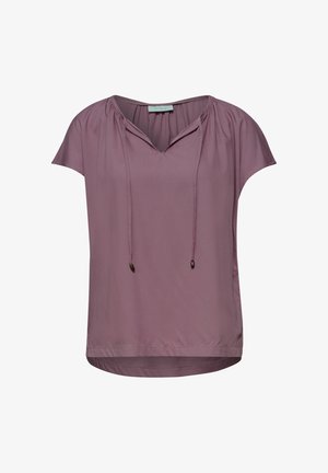 Lichtpaarse blouse met korte mouwen, met een geplooide halslijn en strikjes aan de voorkant, gemaakt van glad, lichtgewicht stof.