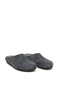 Gray felt slippers with a soft texture, open back design, and a slight curve at the toe. Features a small red logo on the side.