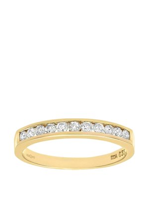 Goldring mit einem schlanken Band und einer Reihe von gleichmäßig verteilten, runden, klaren Diamanten, die in einem Kanaldesign eingefasst sind. Poliert mit glatter Oberfläche.