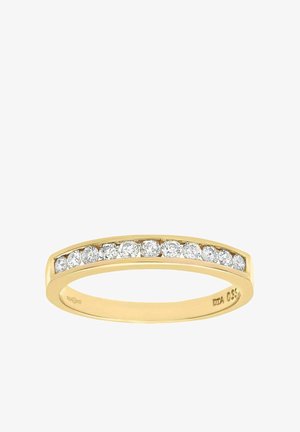 Kuldne sõrmus, millel on kitsas bänd ja tükeldatud rida ühtlaselt jaotatud ümaratest säravatest teemantidest, mis on paigutatud kanaldisaini. Poleeritud sile viimistlus.