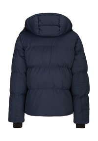 Marineblauer Steppjacke mit Kapuze, ausgestattet mit einem gesteppten Design, elastischen Bündchen und kurzer Länge. Glatte Textur, minimal sichtbare Hardware.