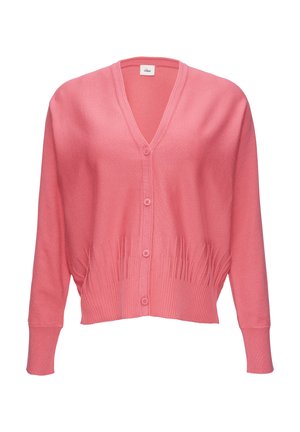 Roosa kardigan V-kaelusega, viie nupuga, soonikkoes varrukatega ja tekstuuriga vöökohaga. Valmistatud pehmest kudumismaterjalist.