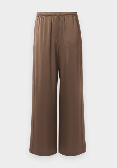 Brown wide-leg pants with elastic waistband and smooth fabric, displayed against a plain white background.