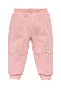 Pantalones de chándal ligeros de color rosa firme, hechos de algodón suave, con diseños de unicornios bordados en beige en la parte frontal, y con puños y cinturilla acanalados.