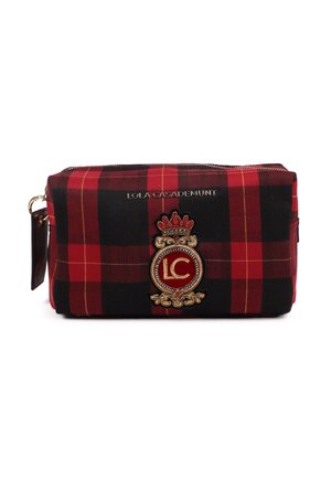 Red and black plaid cosmetic bag with gold logo and crown embroidery, zipper closure, and a brown leather accent on the side.