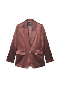 Einreihiger brauner Satin-Blazer mit Knopf, Revers mit Kerbkragen und vorderen Pattentaschen, Größe klein, auf weißem Hintergrund präsentiert.