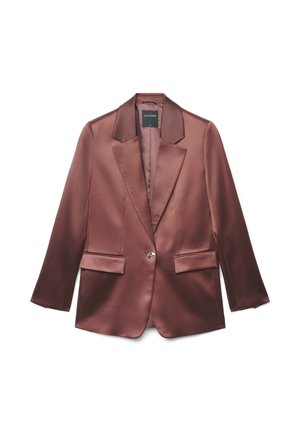 Blazer marron en satin à un bouton, avec des revers à encoche et des poches à rabat à l'avant, taille small, présenté sur fond blanc.