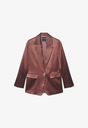 Blazer marron en satin à un bouton, avec des revers à encoche et des poches à rabat à l'avant, taille small, présenté sur fond blanc.