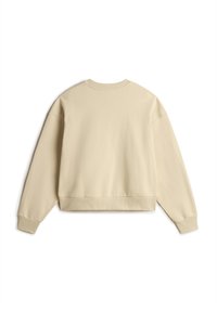 Sudadera beige de manga larga con cuello redondo, puños y dobladillo acanalados, con un corte relajado y textura suave. Vista trasera únicamente.
